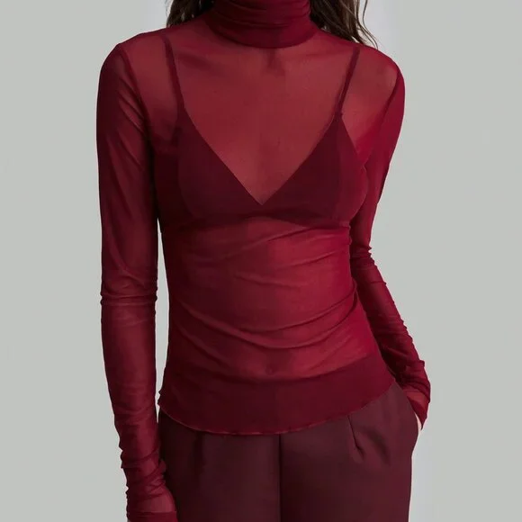 Burgundy  Wine Red Sexy Women's Elegant mesh turtlenck Top - Picture 4 of 8